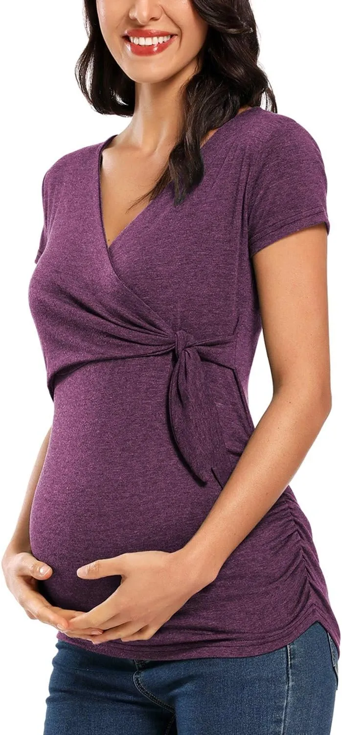 Glampunch Women's Maternity Shirts Short & Long Sleeve Tie Front Wrap Maternity Tops