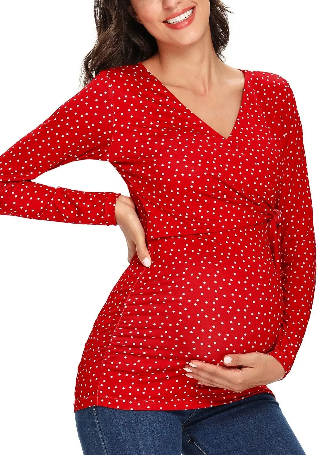 Glampunch Women's Maternity Shirts Short & Long Sleeve Tie Front Wrap Maternity Tops