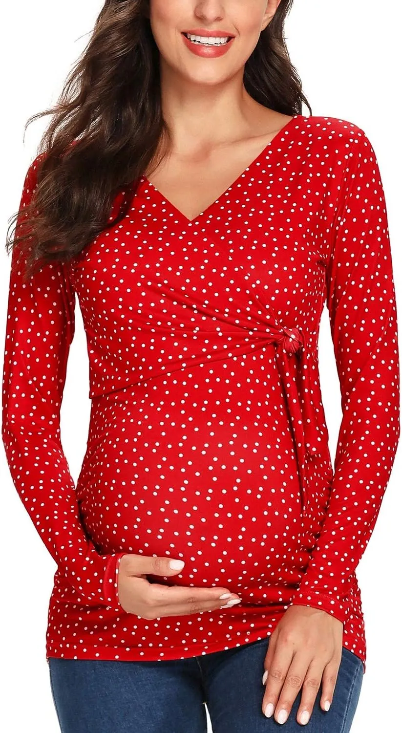 Glampunch Women's Maternity Shirts Short & Long Sleeve Tie Front Wrap Maternity Tops