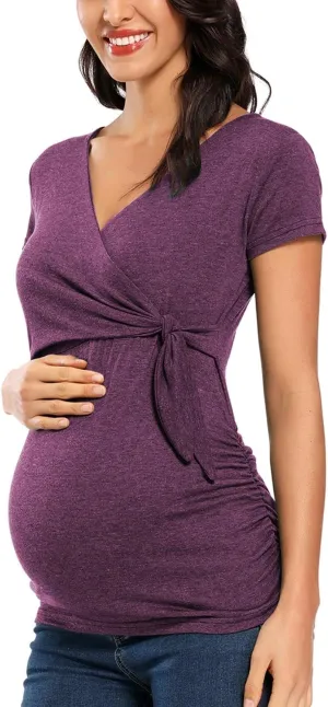 Glampunch Women's Maternity Shirts Short & Long Sleeve Tie Front Wrap Maternity Tops