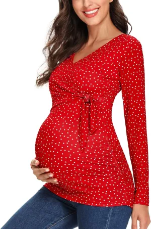 Glampunch Women's Maternity Shirts Short & Long Sleeve Tie Front Wrap Maternity Tops
