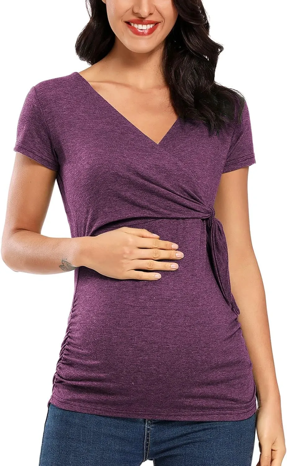 Glampunch Women's Maternity Shirts Short & Long Sleeve Tie Front Wrap Maternity Tops