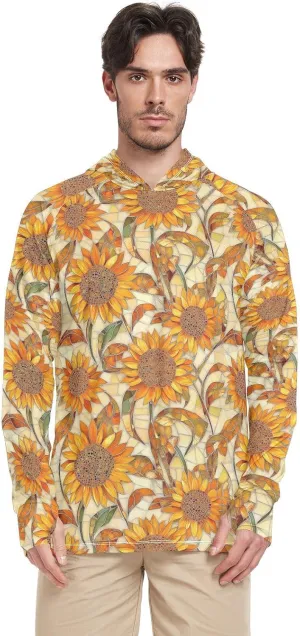 Glass Sunflower Pattern Yellow Mens Hoodie Sun Protection Long Sleeve UPF 50 Mens Sun Shirt Quick Dry Rash Guard Shirts for Men Sun Proof Shirts enguatadas de Hombres para el sol