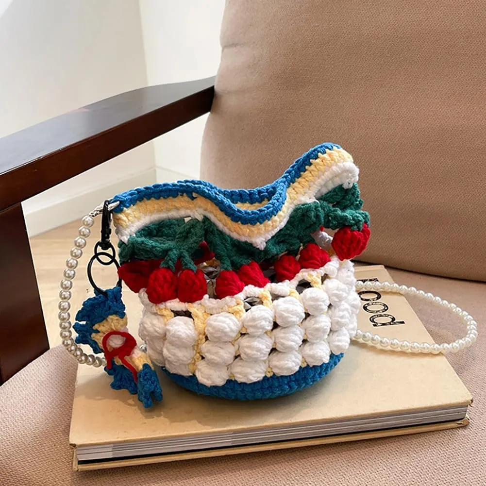 Handmade Woven Cherry Wool Shoulder Bag, Cartoon Yarn Knitted Crocheted Bucket Purse Kawaii Pearl Chain Crossbody Bag