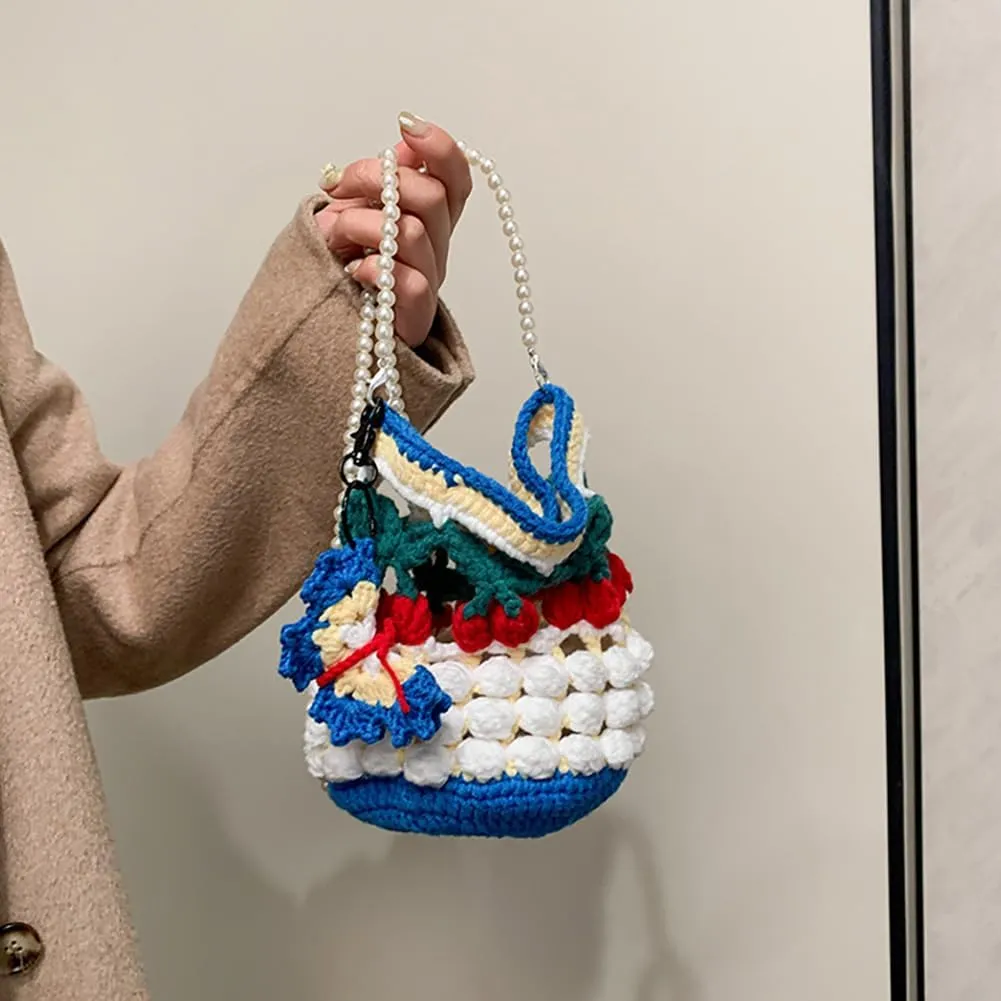 Handmade Woven Cherry Wool Shoulder Bag, Cartoon Yarn Knitted Crocheted Bucket Purse Kawaii Pearl Chain Crossbody Bag