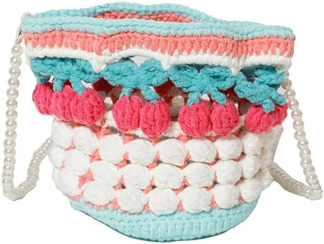 Handmade Woven Cherry Wool Shoulder Bag, Cartoon Yarn Knitted Crocheted Bucket Purse Kawaii Pearl Chain Crossbody Bag