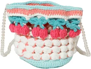 Handmade Woven Cherry Wool Shoulder Bag, Cartoon Yarn Knitted Crocheted Bucket Purse Kawaii Pearl Chain Crossbody Bag