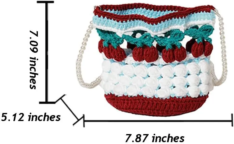 Handmade Woven Cherry Wool Shoulder Bag, Cartoon Yarn Knitted Crocheted Bucket Purse Kawaii Pearl Chain Crossbody Bag