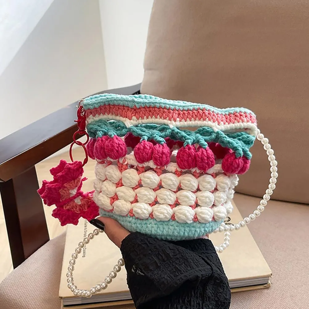 Handmade Woven Cherry Wool Shoulder Bag, Cartoon Yarn Knitted Crocheted Bucket Purse Kawaii Pearl Chain Crossbody Bag
