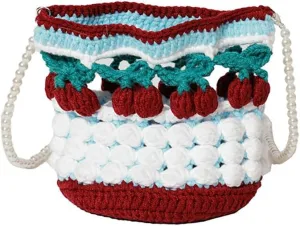 Handmade Woven Cherry Wool Shoulder Bag, Cartoon Yarn Knitted Crocheted Bucket Purse Kawaii Pearl Chain Crossbody Bag