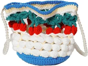 Handmade Woven Cherry Wool Shoulder Bag, Cartoon Yarn Knitted Crocheted Bucket Purse Kawaii Pearl Chain Crossbody Bag
