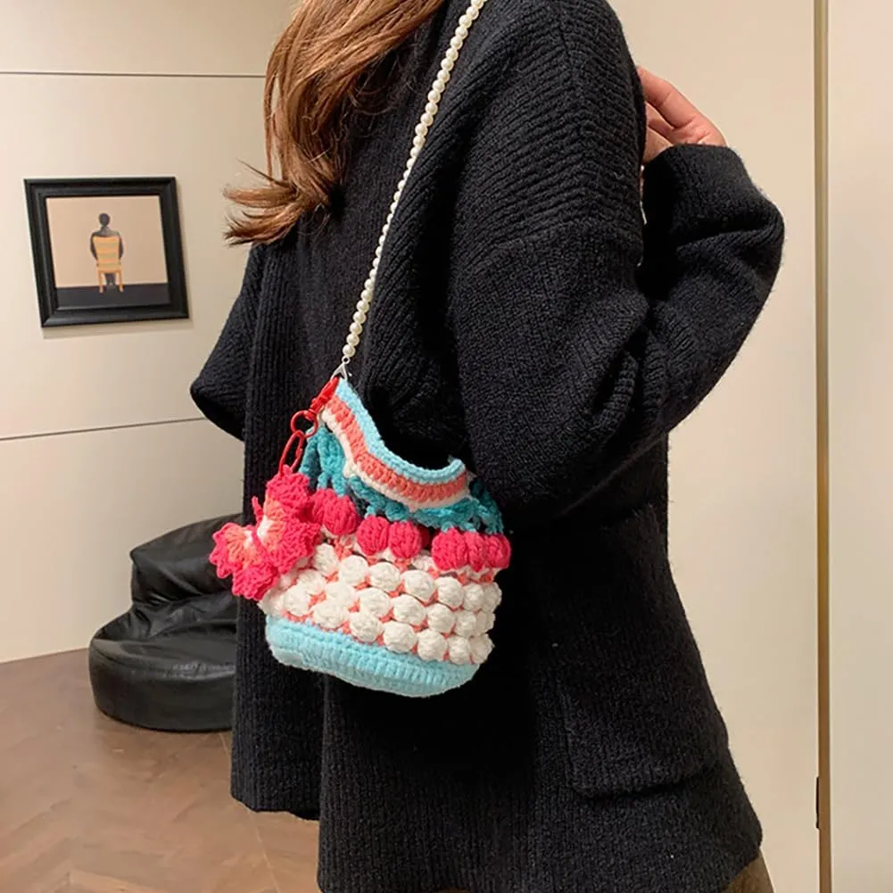 Handmade Woven Cherry Wool Shoulder Bag, Cartoon Yarn Knitted Crocheted Bucket Purse Kawaii Pearl Chain Crossbody Bag