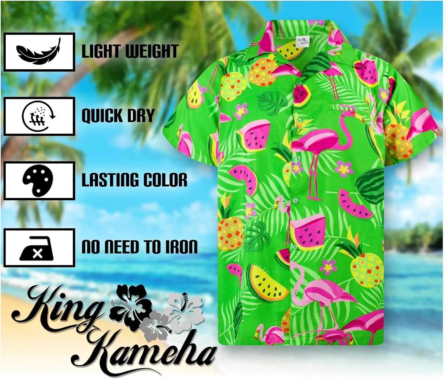 Hawaiian Shirt for Men Fruit-Desing Flamingos Regular-Shirts Short-Sleeve Button-Down Vacation