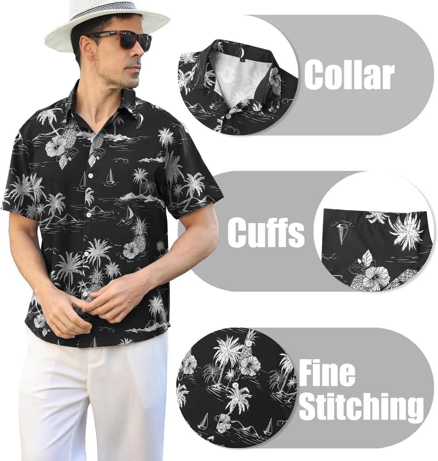 Hawaiian Shirt for Men Sleeves Printed Casual Button Down Summer Beach Dress Shirts
