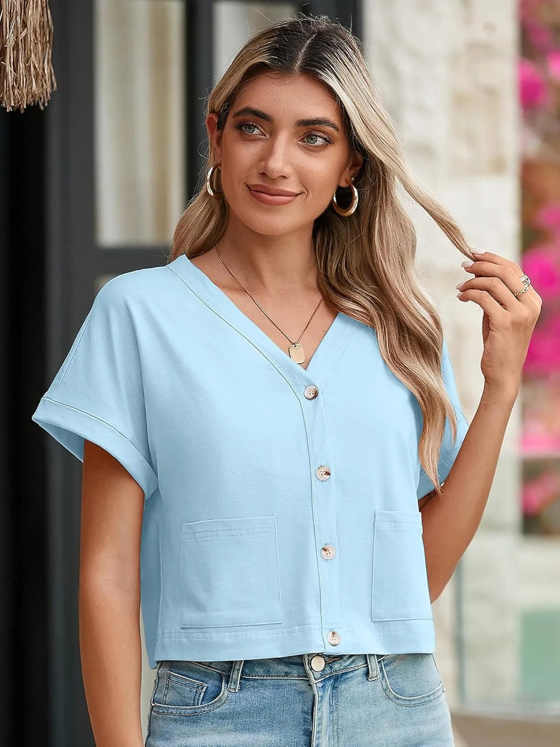 Heymoments Women Summer Tops V Neck Casual Button Down Cardigan Ladies Shirts with Pockets