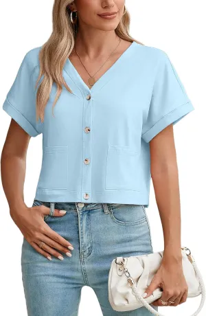 Heymoments Women Summer Tops V Neck Casual Button Down Cardigan Ladies Shirts with Pockets