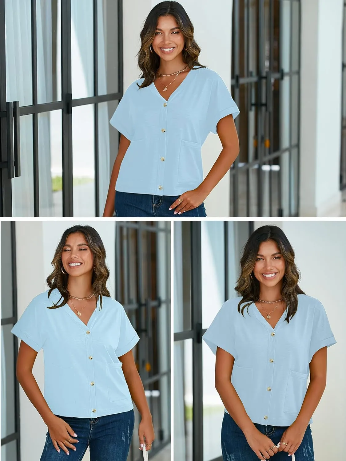 Heymoments Women Summer Tops V Neck Casual Button Down Cardigan Ladies Shirts with Pockets