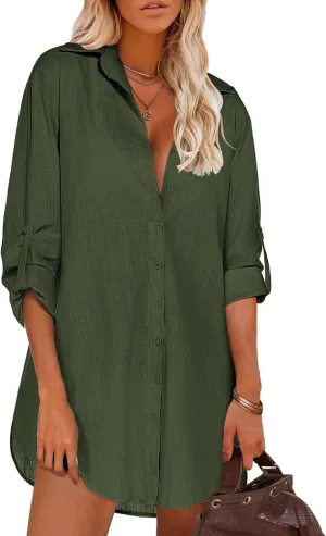HOTOUCH Women Boyfriend Shirts Button Down Long Sleeve Blouse Cuffed Sleeve Collared Shirt