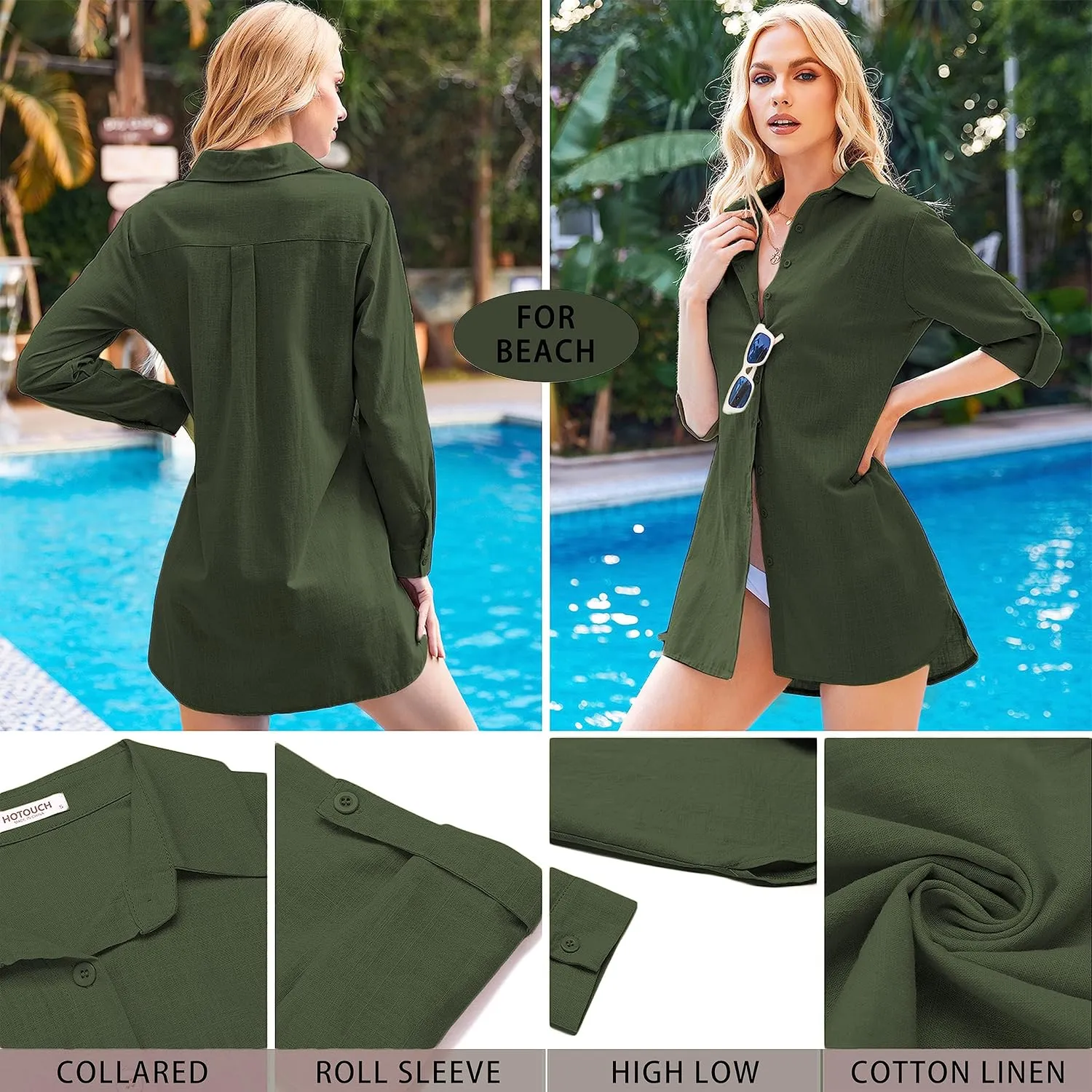 HOTOUCH Women Boyfriend Shirts Button Down Long Sleeve Blouse Cuffed Sleeve Collared Shirt