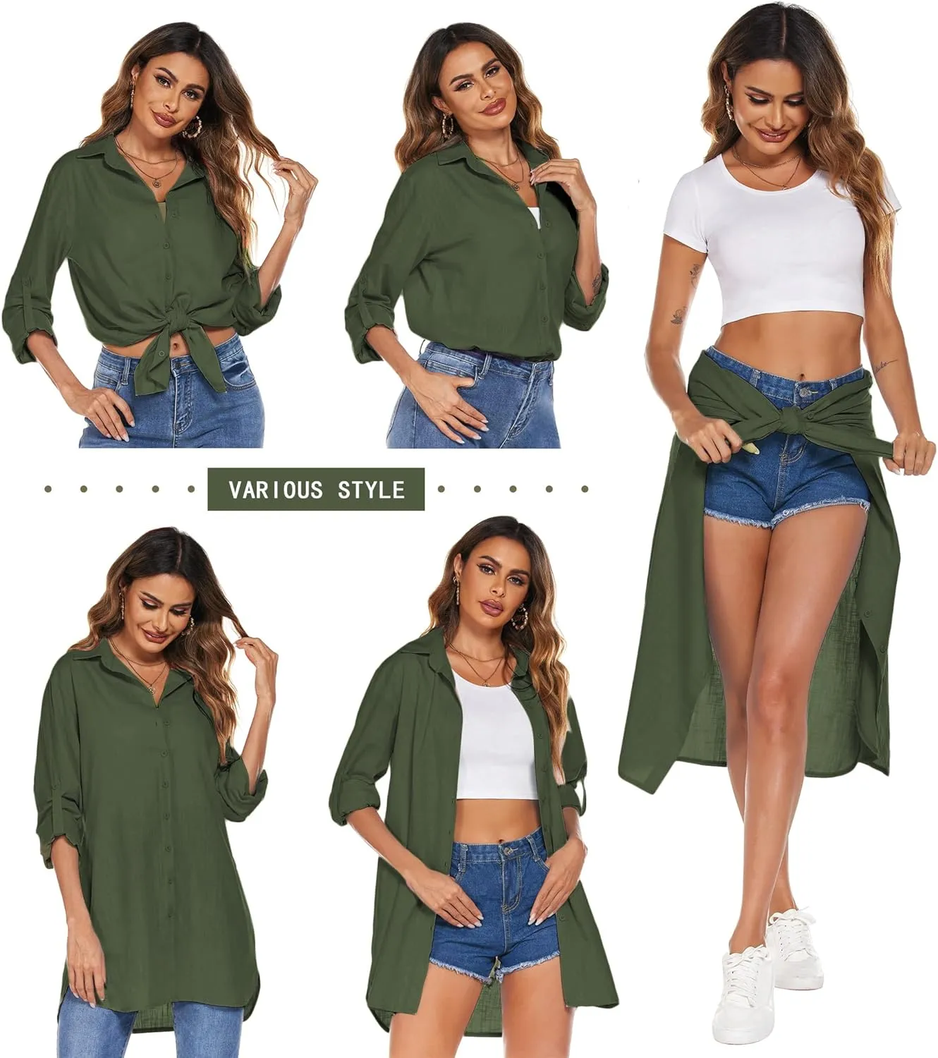 HOTOUCH Women Boyfriend Shirts Button Down Long Sleeve Blouse Cuffed Sleeve Collared Shirt
