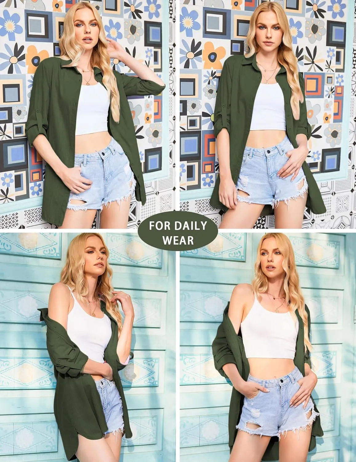 HOTOUCH Women Boyfriend Shirts Button Down Long Sleeve Blouse Cuffed Sleeve Collared Shirt