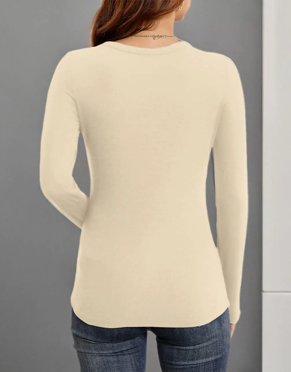 HWOKEFEIYU Womens Fall Long Sleeve Stretch Slim Round Neck Ribbed Basic Shirts