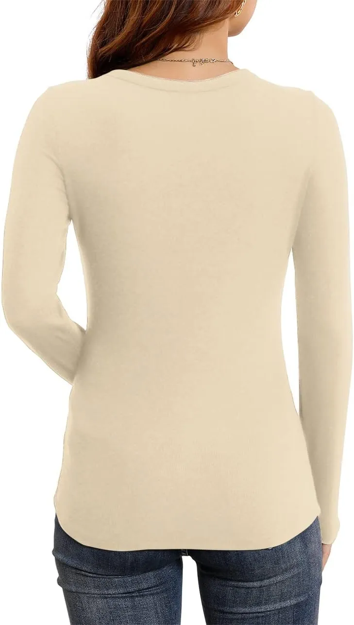 HWOKEFEIYU Womens Fall Long Sleeve Stretch Slim Round Neck Ribbed Basic Shirts