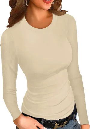 HWOKEFEIYU Womens Fall Long Sleeve Stretch Slim Round Neck Ribbed Basic Shirts