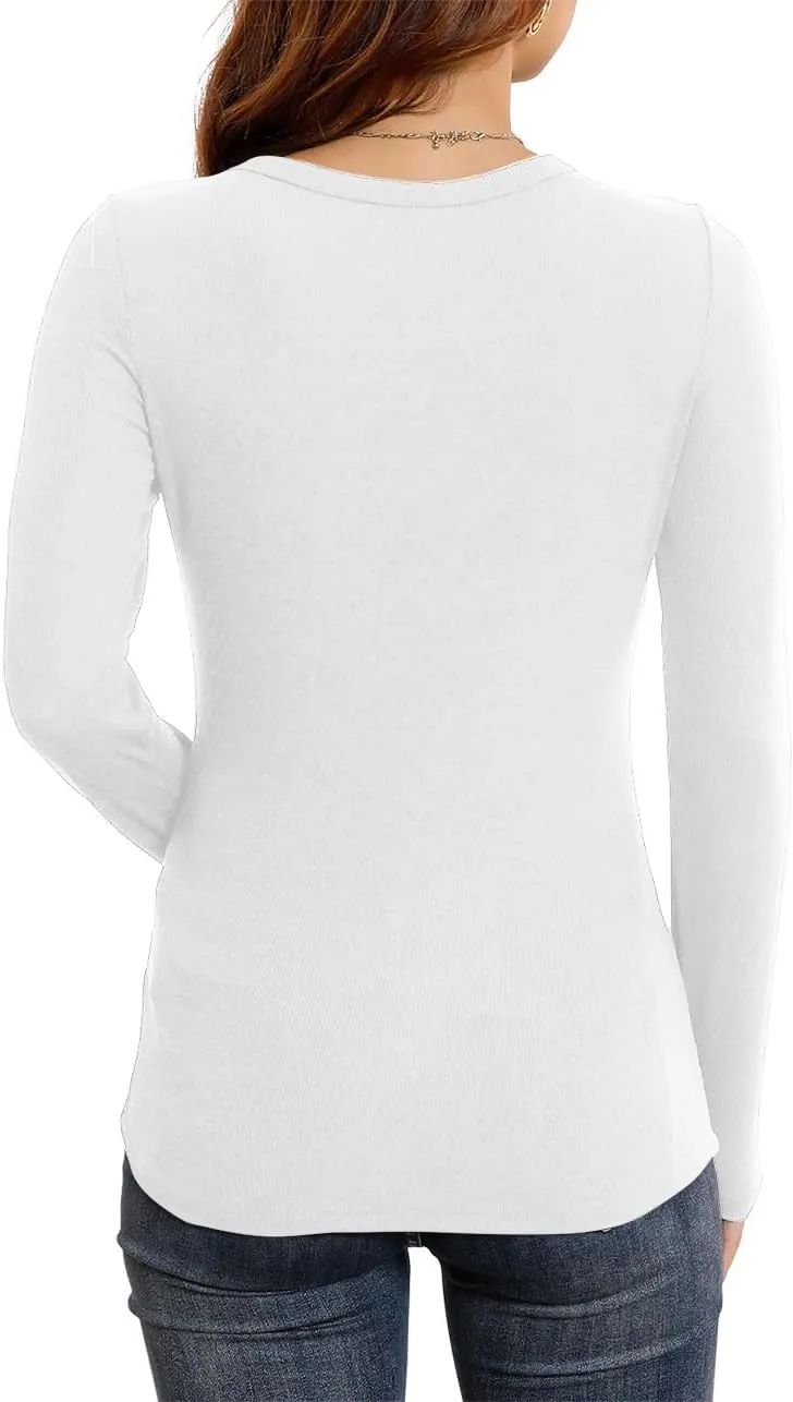 HWOKEFEIYU Womens Fall Long Sleeve Stretch Slim Round Neck Ribbed Basic Shirts