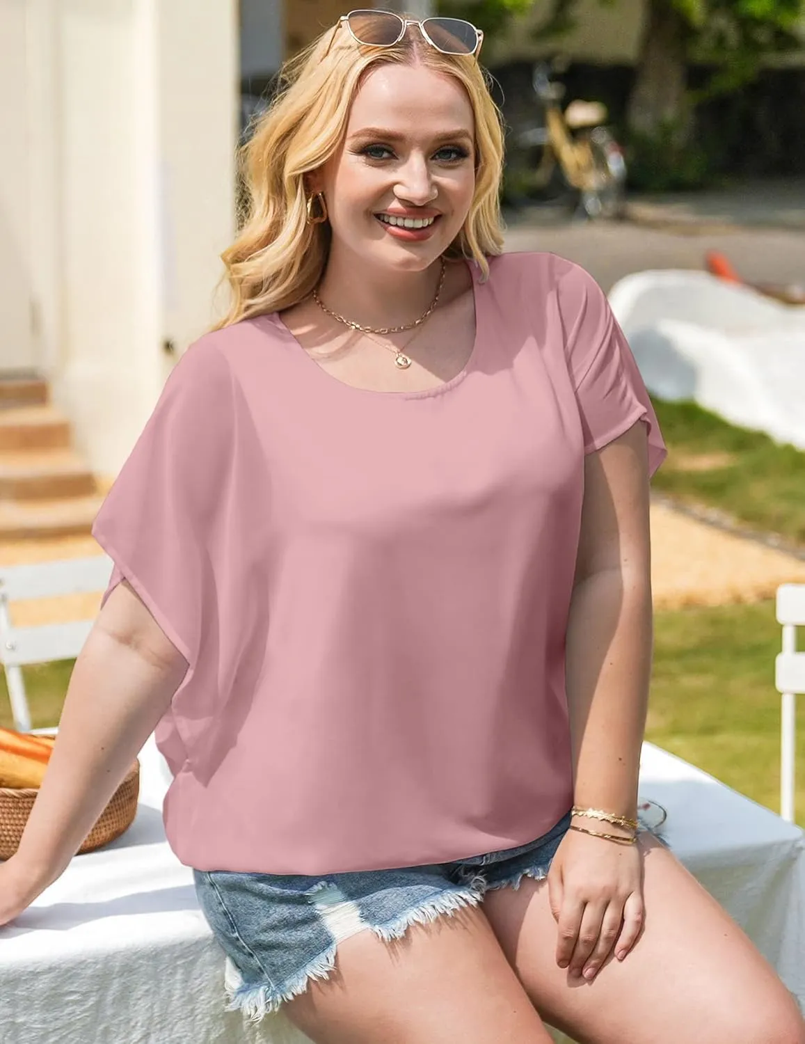 IN'VOLAND Plus Size Women Chiffon Blouse Batwing Sleeve Tops Scoop Neck Tunic Shirts