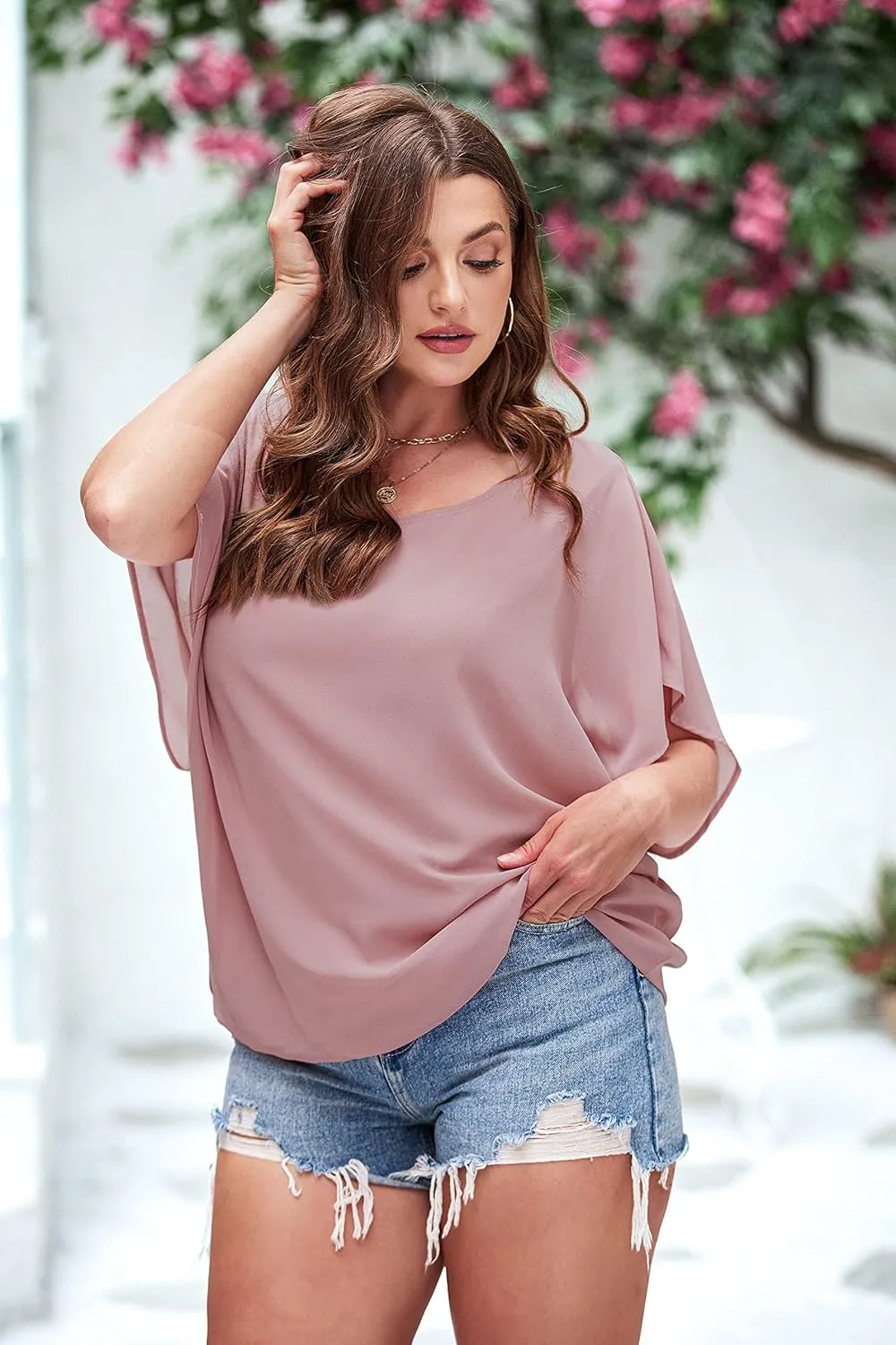 IN'VOLAND Plus Size Women Chiffon Blouse Batwing Sleeve Tops Scoop Neck Tunic Shirts