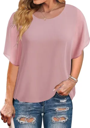 IN'VOLAND Plus Size Women Chiffon Blouse Batwing Sleeve Tops Scoop Neck Tunic Shirts