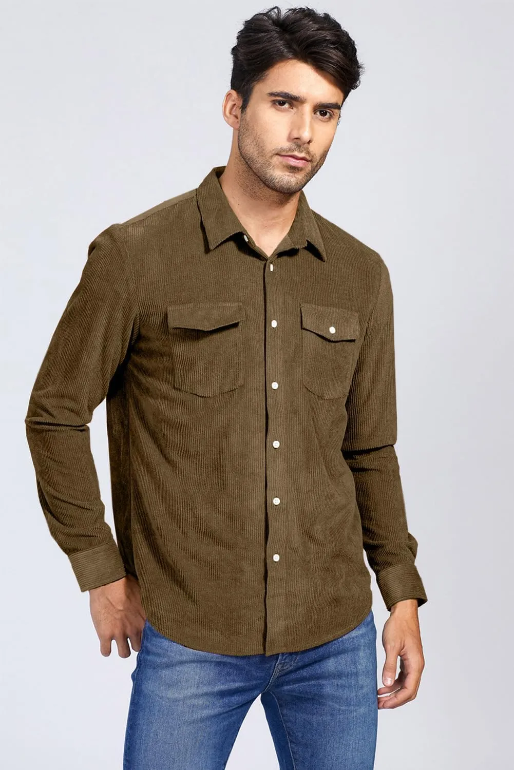 JMIERR Men's Corduroy Button Down Shirts Casual Long Sleeve Shacket Jacket with Flap Pockets