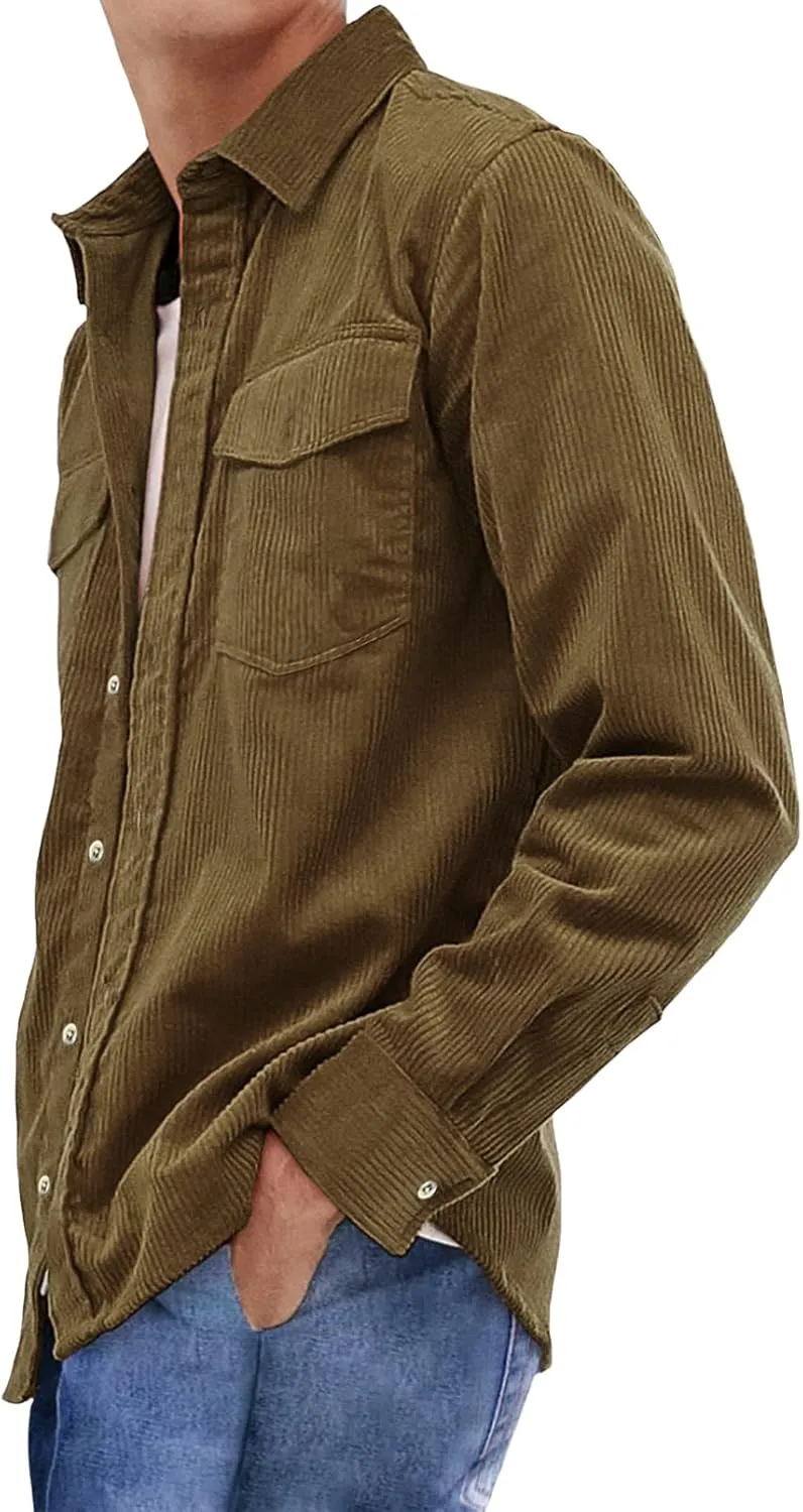 JMIERR Men's Corduroy Button Down Shirts Casual Long Sleeve Shacket Jacket with Flap Pockets