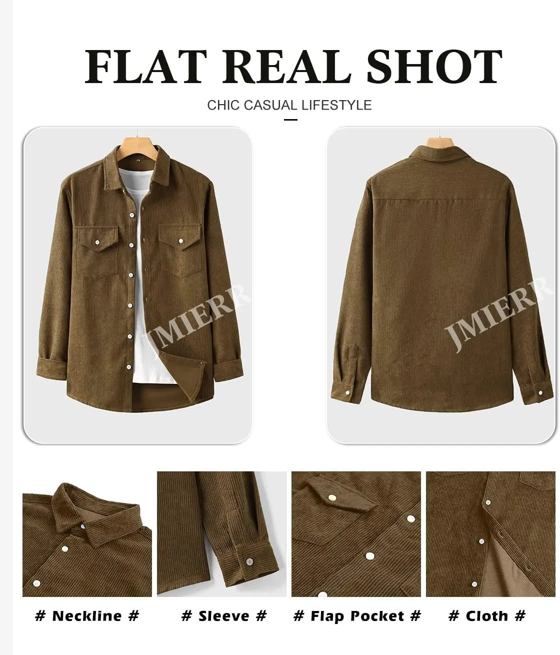 JMIERR Men's Corduroy Button Down Shirts Casual Long Sleeve Shacket Jacket with Flap Pockets