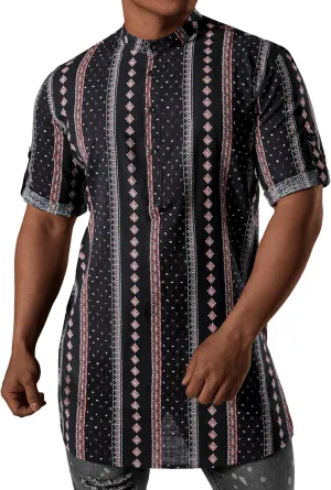 JOGAL Mens Striped Henley Shirt Short Sleeve Traditional African Style Dashiki Shirts
