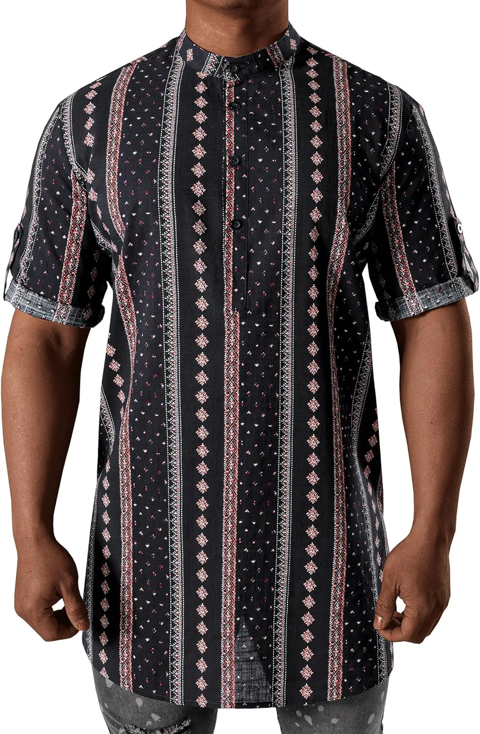 JOGAL Mens Striped Henley Shirt Short Sleeve Traditional African Style Dashiki Shirts