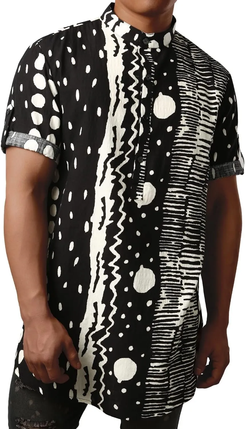 JOGAL Mens Striped Henley Shirt Short Sleeve Traditional African Style Dashiki Shirts