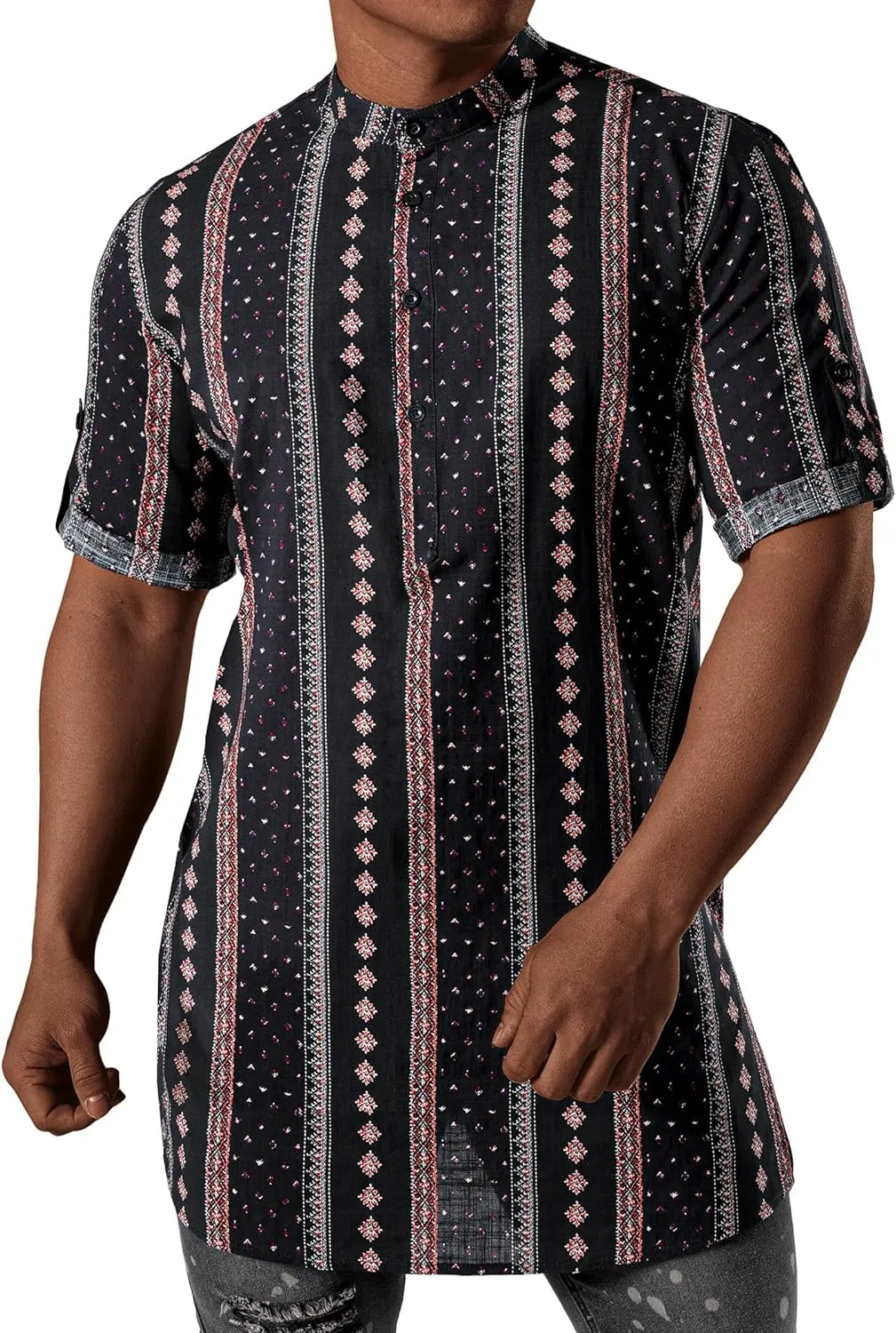 JOGAL Mens Striped Henley Shirt Short Sleeve Traditional African Style Dashiki Shirts