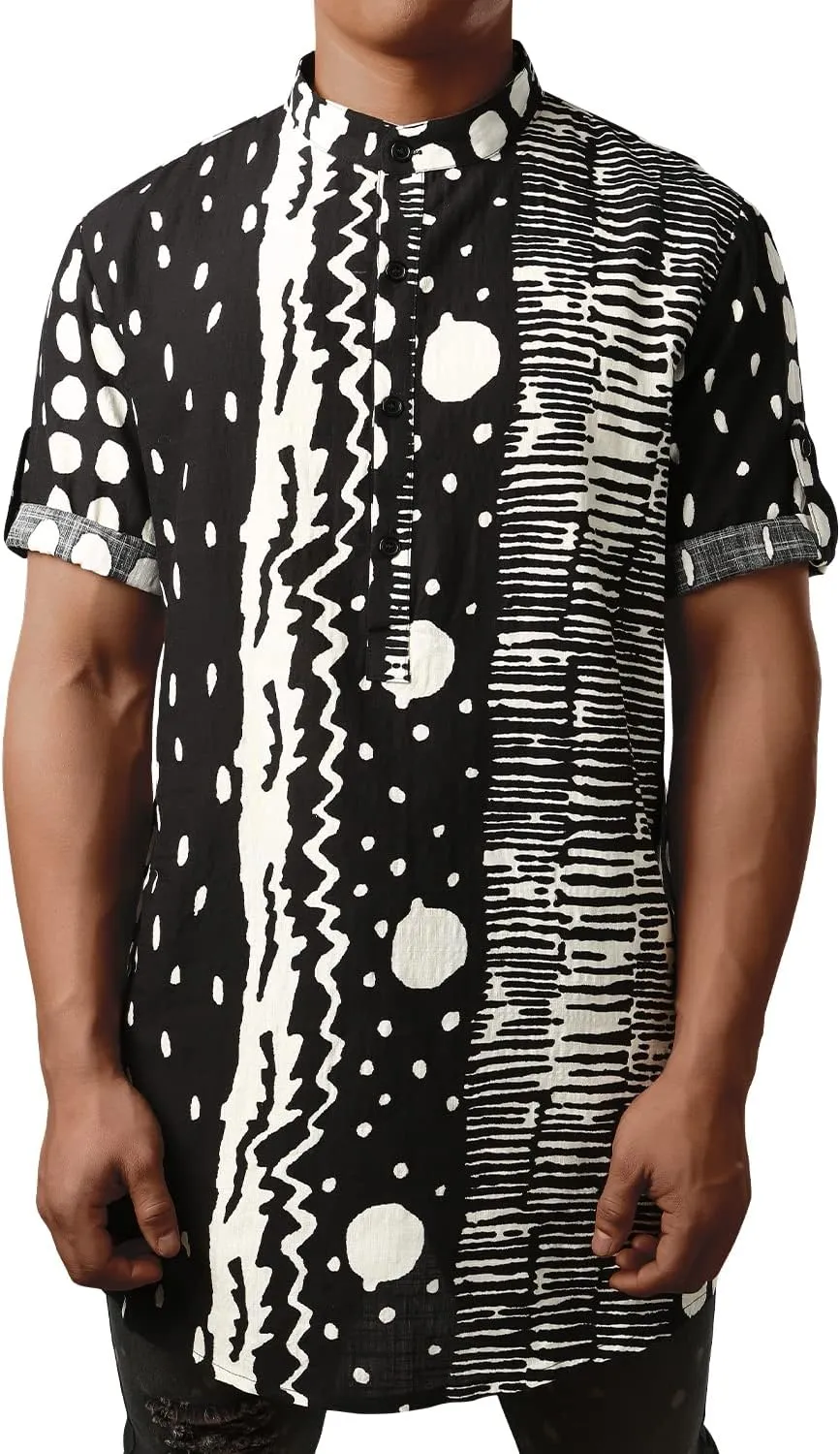 JOGAL Mens Striped Henley Shirt Short Sleeve Traditional African Style Dashiki Shirts