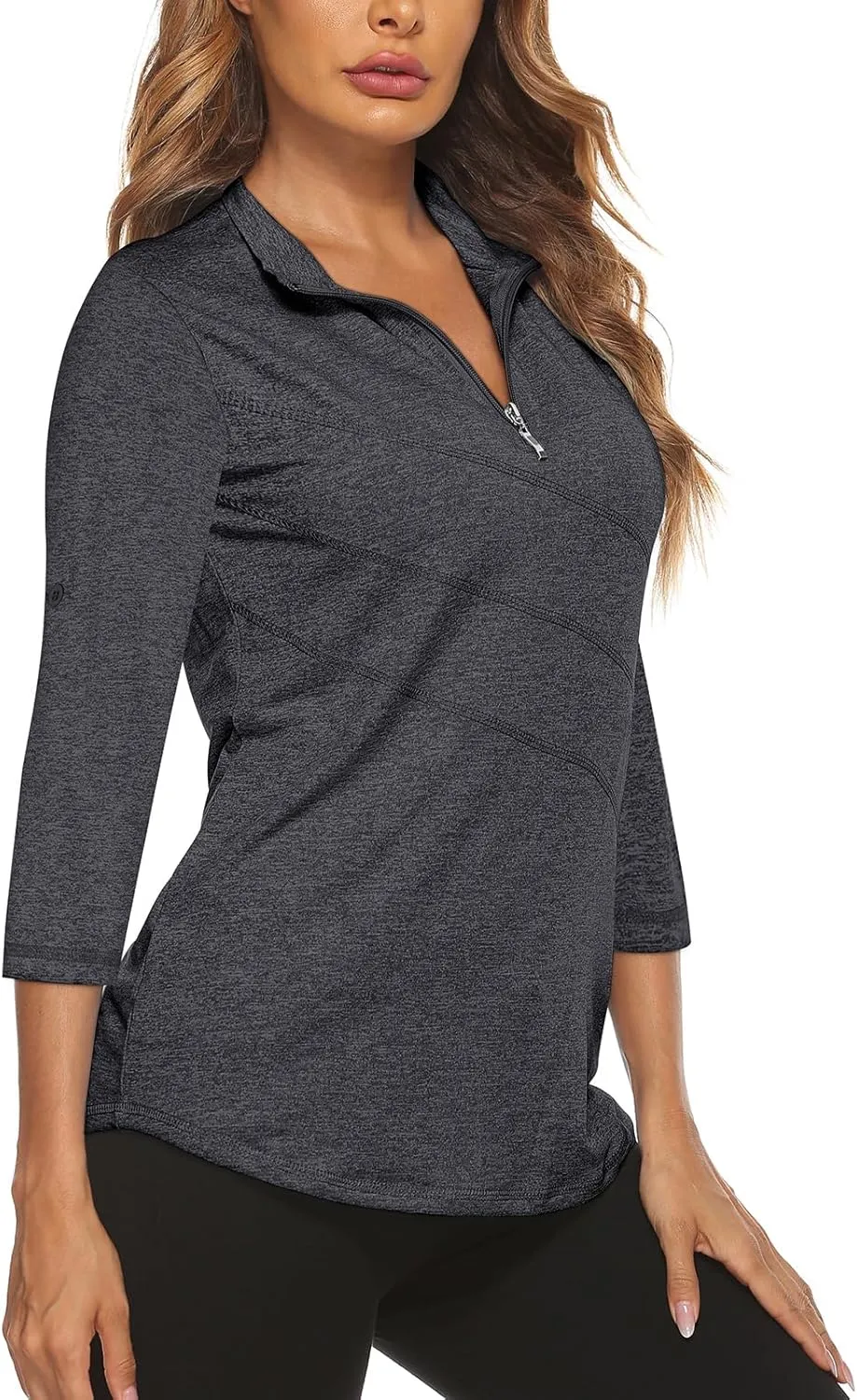 Koscacy Women's 3/4 Roll Sleeve Golf Tennis Polo Shirts UPF50  Half Zip Dry Fit Workout Tops Athletic Shirt