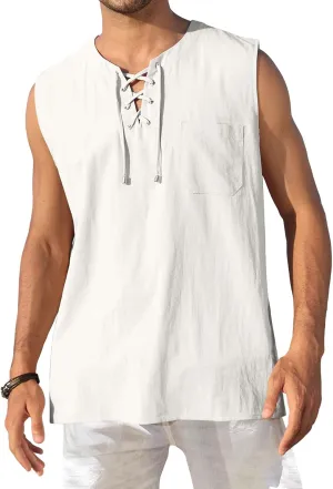KUYIGO Men's Fashion Beach Sleeveless Shirts Hippie Tank Top Linen Viking Tunic for Summer