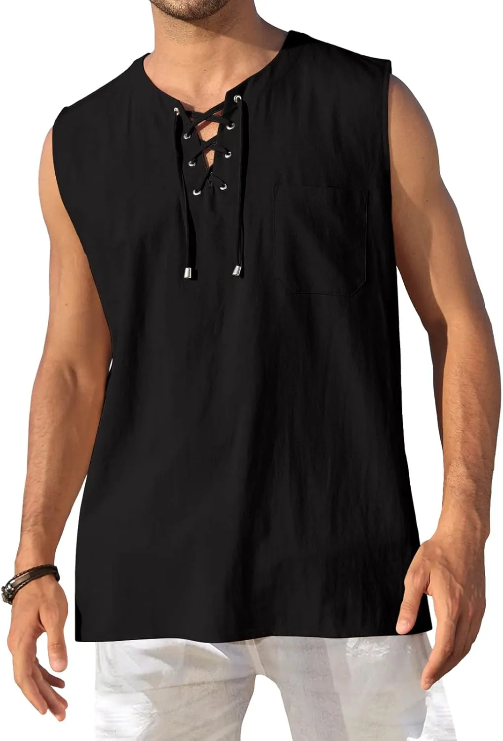 KUYIGO Men's Fashion Beach Sleeveless Shirts Hippie Tank Top Linen Viking Tunic for Summer
