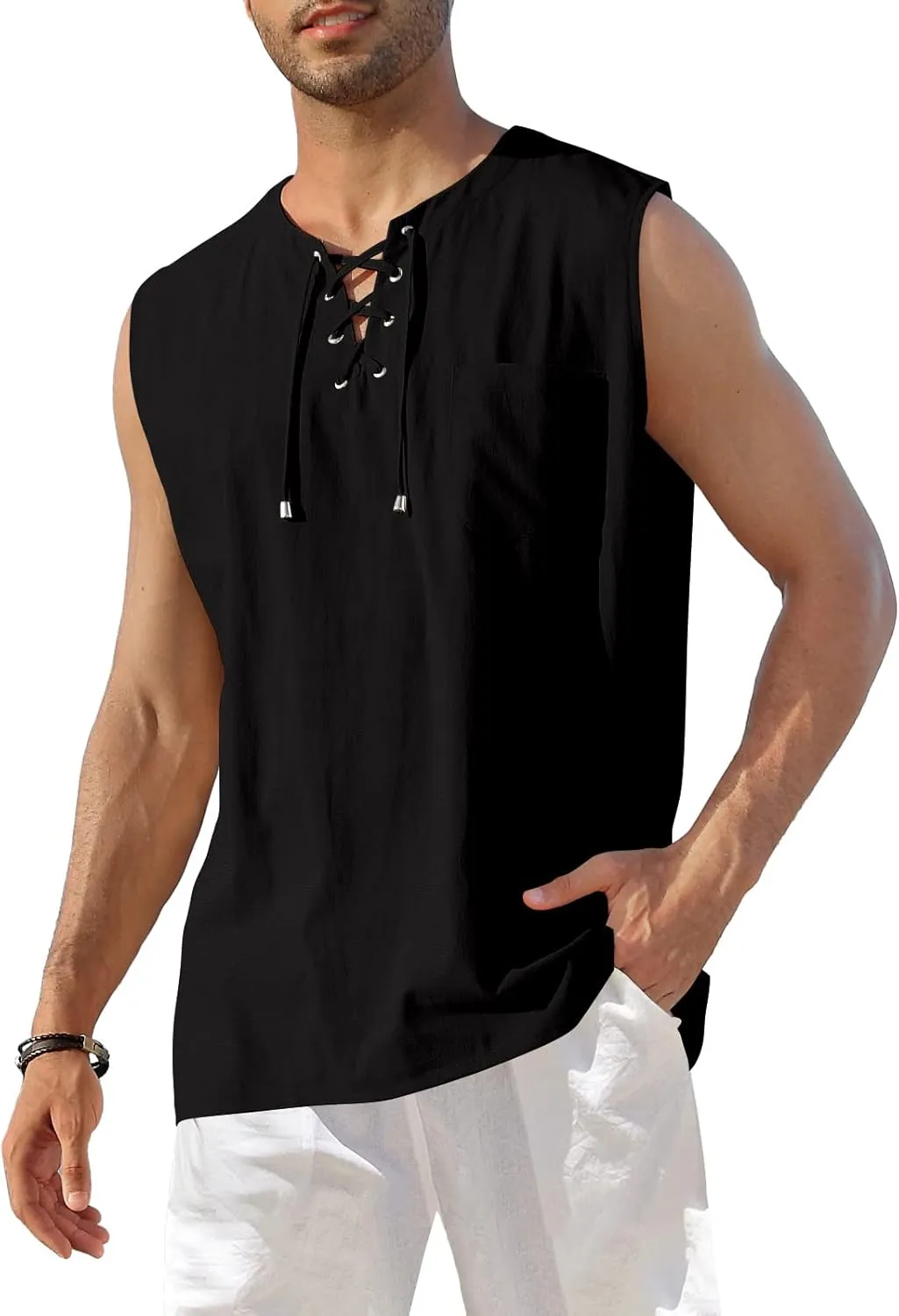 KUYIGO Men's Fashion Beach Sleeveless Shirts Hippie Tank Top Linen Viking Tunic for Summer