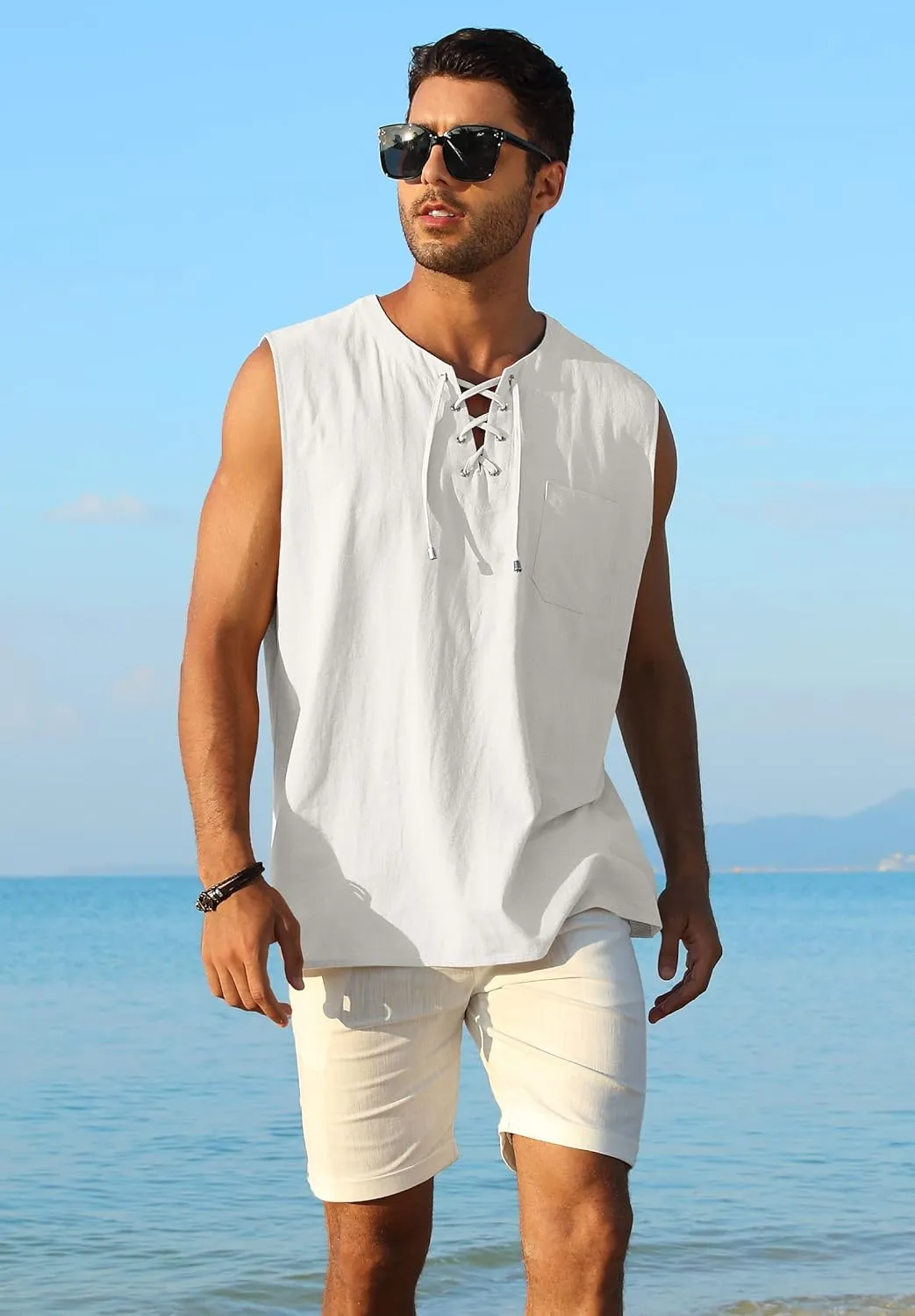 KUYIGO Men's Fashion Beach Sleeveless Shirts Hippie Tank Top Linen Viking Tunic for Summer