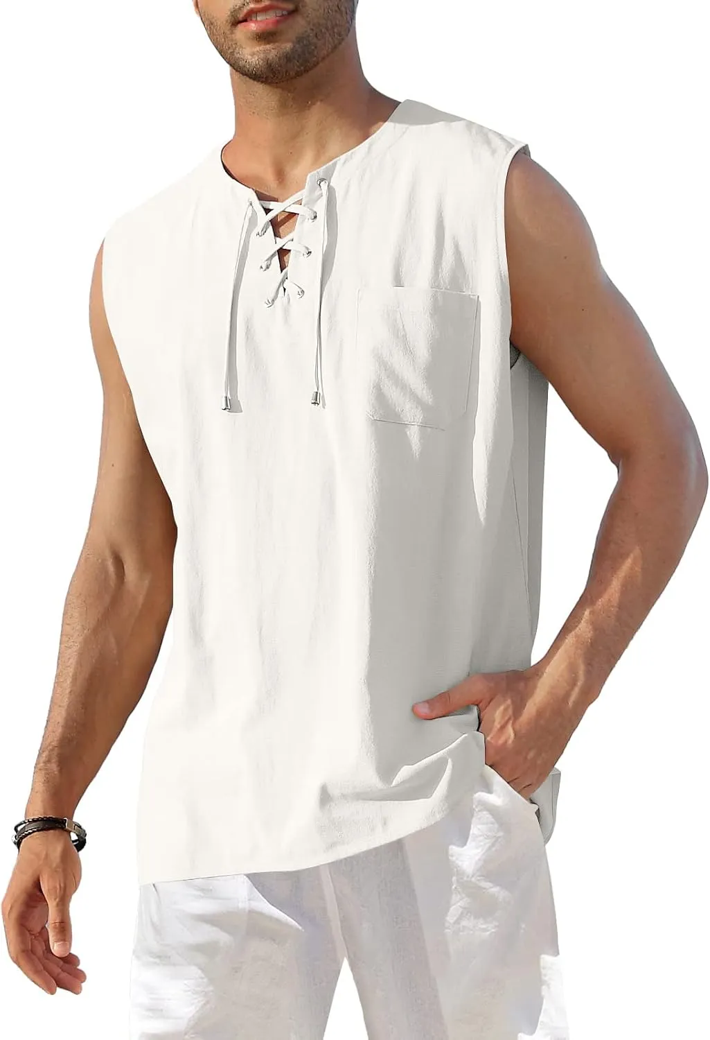 KUYIGO Men's Fashion Beach Sleeveless Shirts Hippie Tank Top Linen Viking Tunic for Summer
