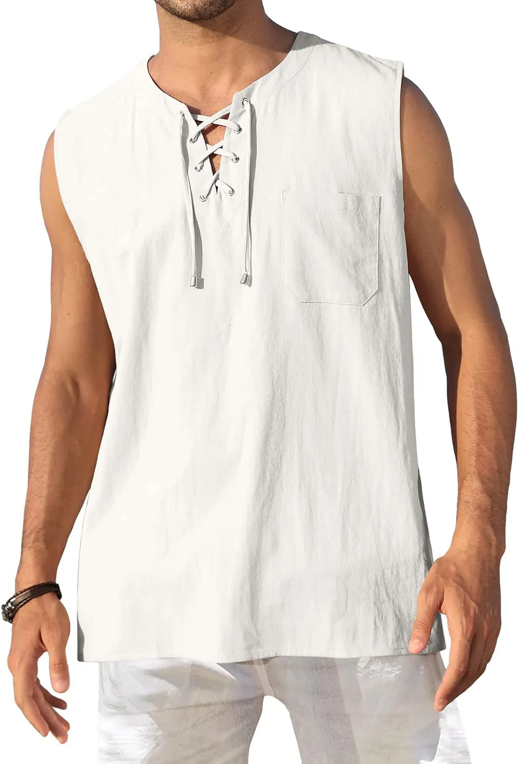 KUYIGO Men's Fashion Beach Sleeveless Shirts Hippie Tank Top Linen Viking Tunic for Summer