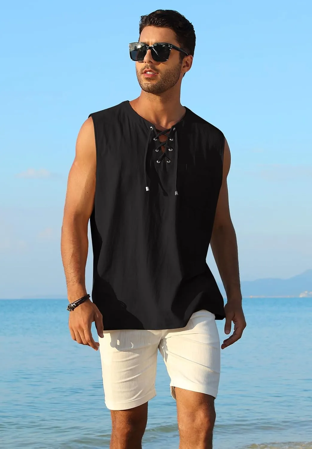 KUYIGO Men's Fashion Beach Sleeveless Shirts Hippie Tank Top Linen Viking Tunic for Summer