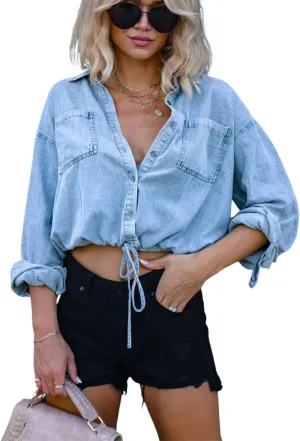 Kwoki Women's Cropped Denim Shirt Roll Up 3/4 Sleeve Casual Loose Crop Tops Drawstring Hem Button Front Jean Jacket