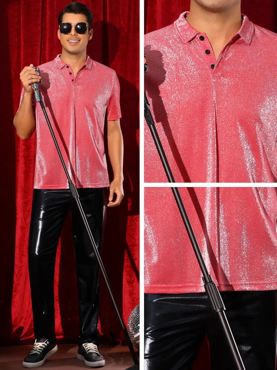 Lars Amadeus Glitter Shirts for Men's Sparkly Tops Short Sleeve Disco Metallic Polo